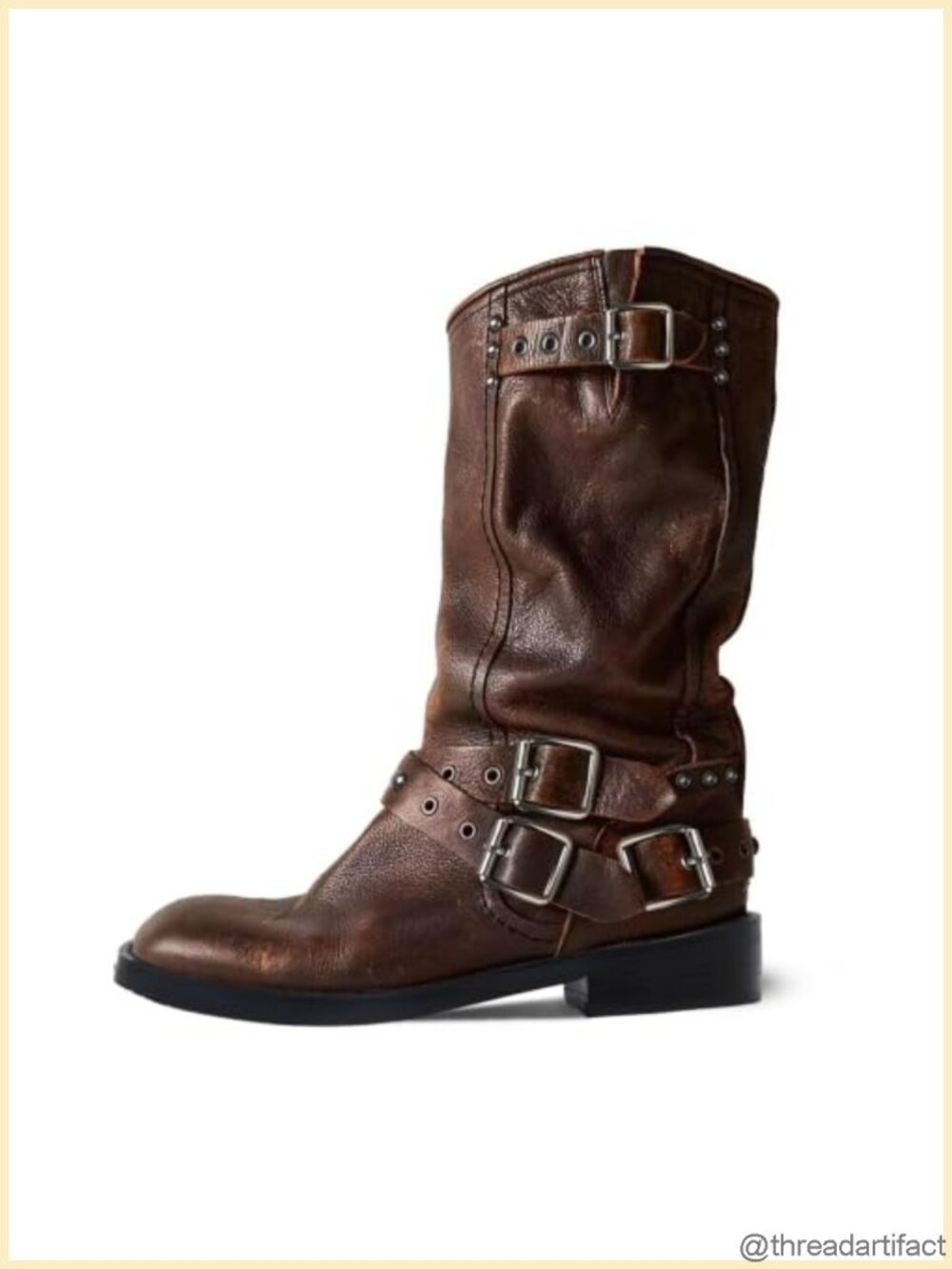 Women's Mid Calf Chunky Low Heel Riding Boots Buckle Moto Boots Squared Toe
